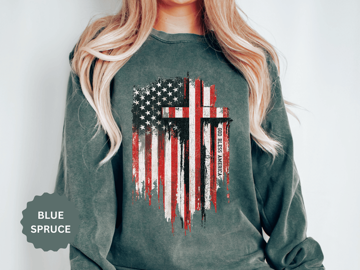 God Bless America Sweatshirt, Distressed American Flag and Cross Graphic, Patriotic Christian Gift for Church Events and Everyday Faith