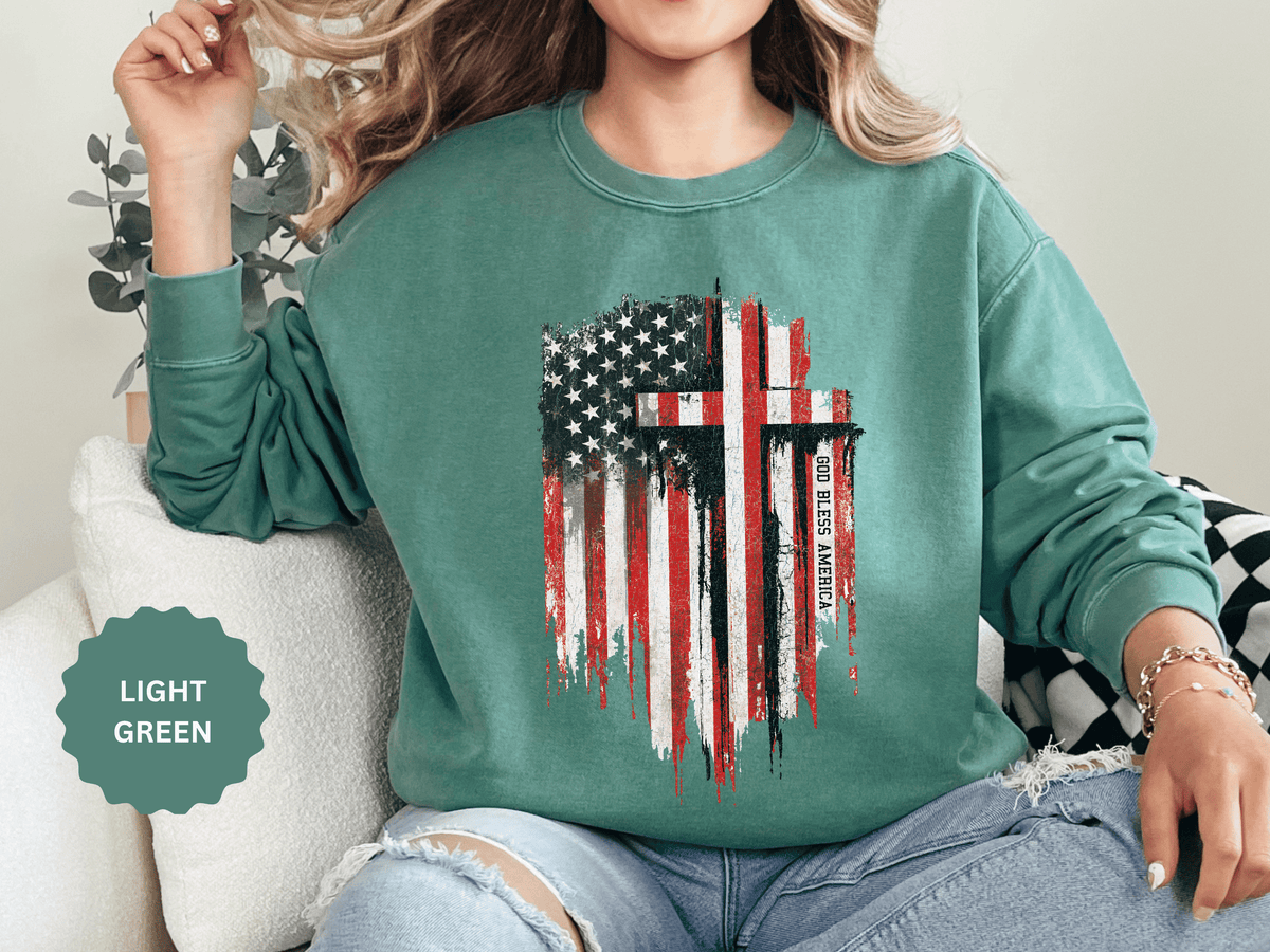 God Bless America Sweatshirt, Distressed American Flag and Cross Graphic, Patriotic Christian Gift for Church Events and Everyday Faith