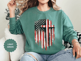 God Bless America Sweatshirt, Distressed American Flag and Cross Graphic, Patriotic Christian Gift for Church Events and Everyday Faith