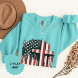 God Bless America Sweatshirt, Distressed American Flag and Cross Graphic, Patriotic Christian Gift for Church Events and Everyday Faith