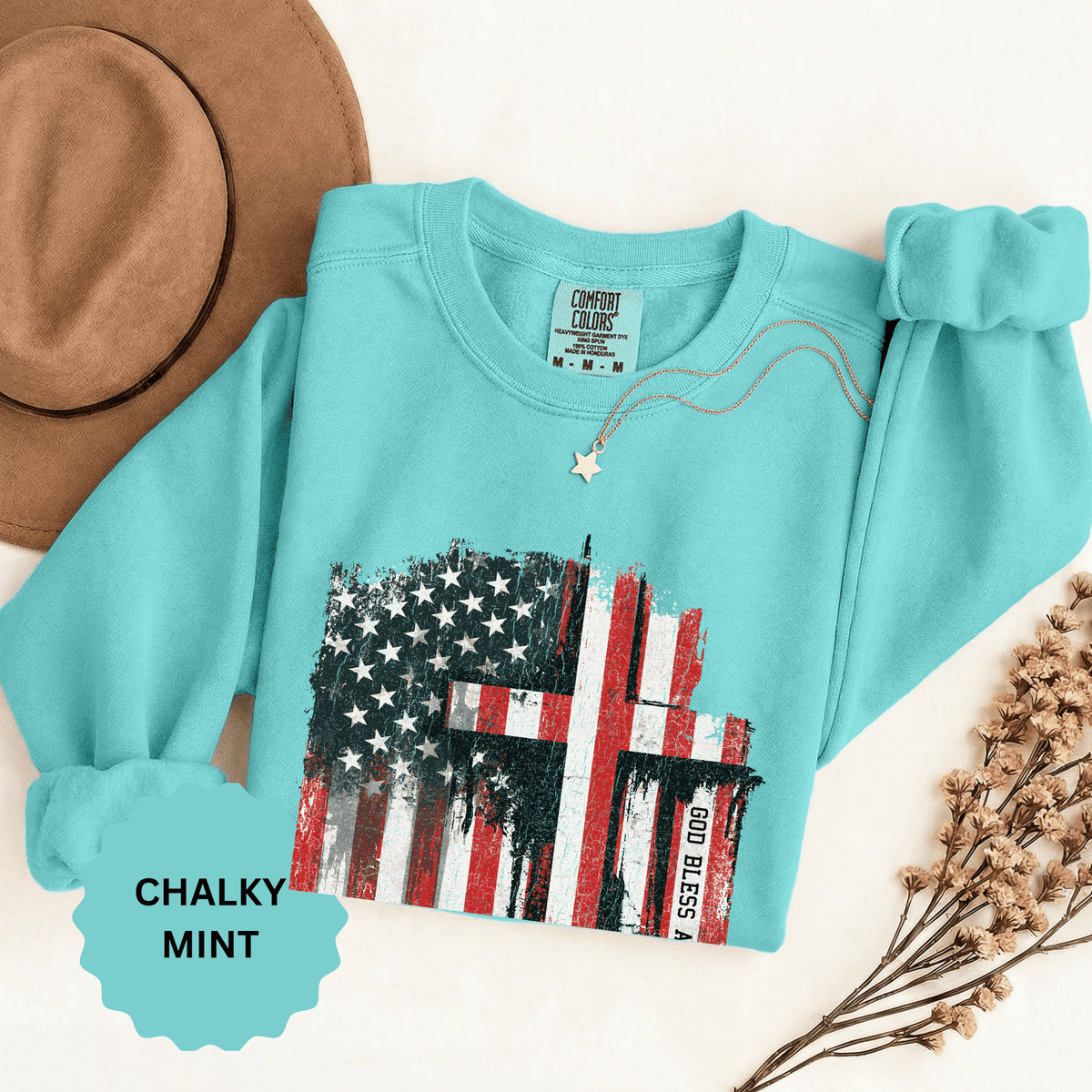 God Bless America Sweatshirt, Distressed American Flag and Cross Graphic, Patriotic Christian Gift for Church Events and Everyday Faith