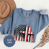 God Bless America Sweatshirt, Distressed American Flag and Cross Graphic, Patriotic Christian Gift for Church Events and Everyday Faith