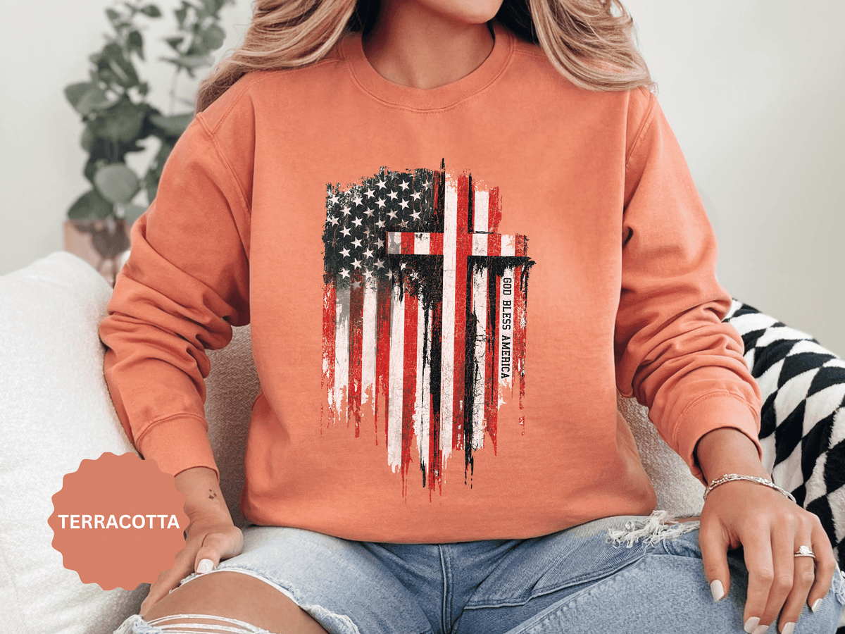 God Bless America Sweatshirt, Distressed American Flag and Cross Graphic, Patriotic Christian Gift for Church Events and Everyday Faith