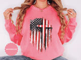 God Bless America Sweatshirt, Distressed American Flag and Cross Graphic, Patriotic Christian Gift for Church Events and Everyday Faith