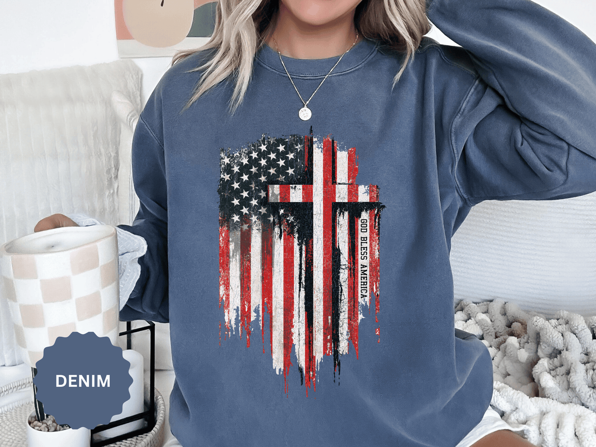 God Bless America Sweatshirt, Distressed American Flag and Cross Graphic, Patriotic Christian Gift for Church Events and Everyday Faith