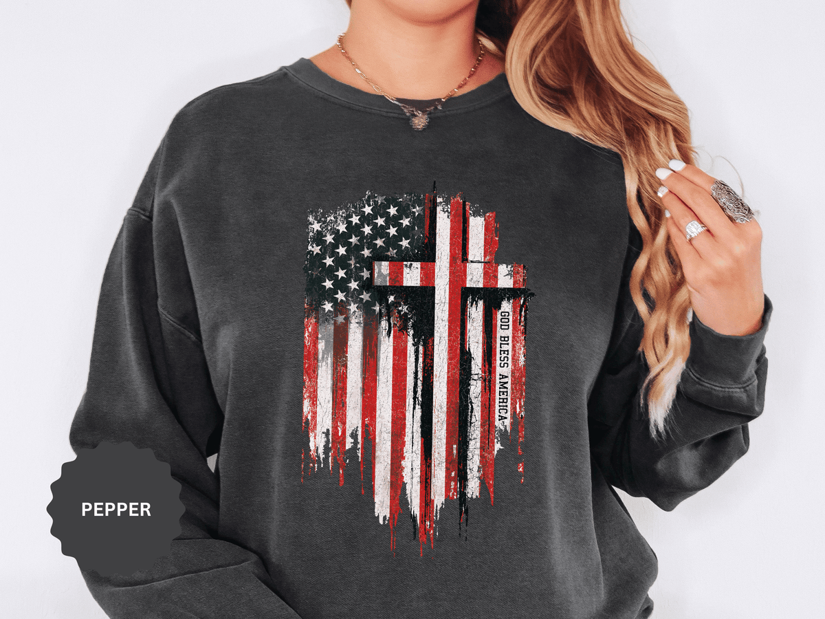 God Bless America Sweatshirt, Distressed American Flag and Cross Graphic, Patriotic Christian Gift for Church Events and Everyday Faith