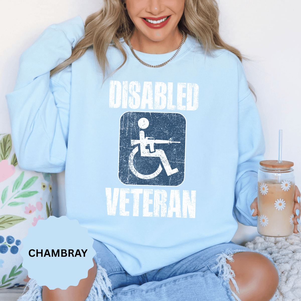 Disabled Veteran Sweatshirt, Distressed Wheelchair and Rifle Graphic, Military Service Pride, Veterans Day Gift and Everyday Casual Wear