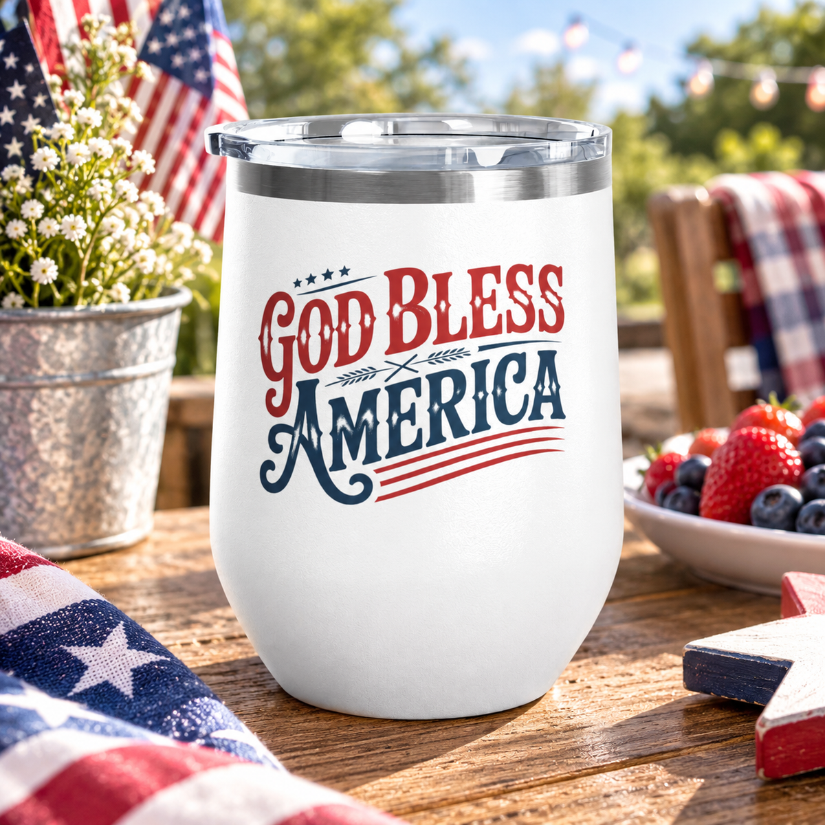 God Bless America Wine Tumbler, Patriotic Drinkware for Women, USA Wine Cup, Fourth of July Gift, American Pride Gift, Red White Blue Cup