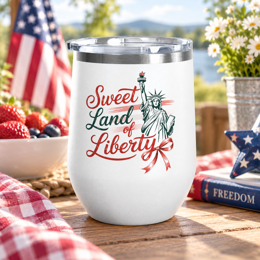 A white stainless steel wine tumbler with a clear push-on lid, printed with a red and green "Sweet Land of Liberty" design featuring the Statue of Liberty and a bow, on a wooden table.
