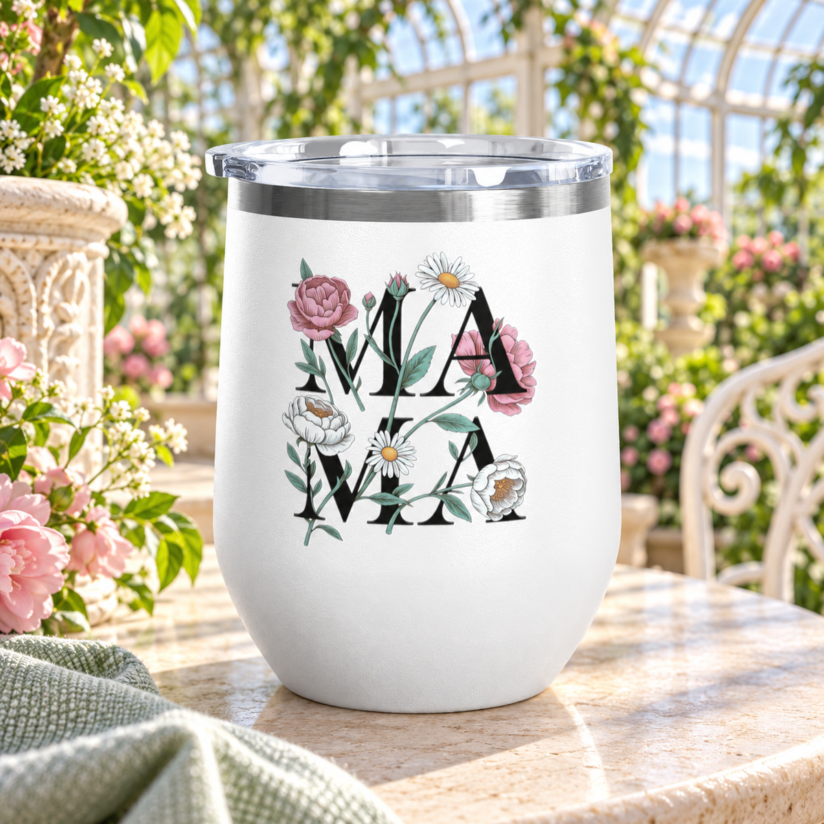 Floral Mama Wine Tumbler, Flower Wine Cup for Mom, Botanical Drinkware, Mothers Day Gift for Mom, Feminine Coffee and Wine Tumbler