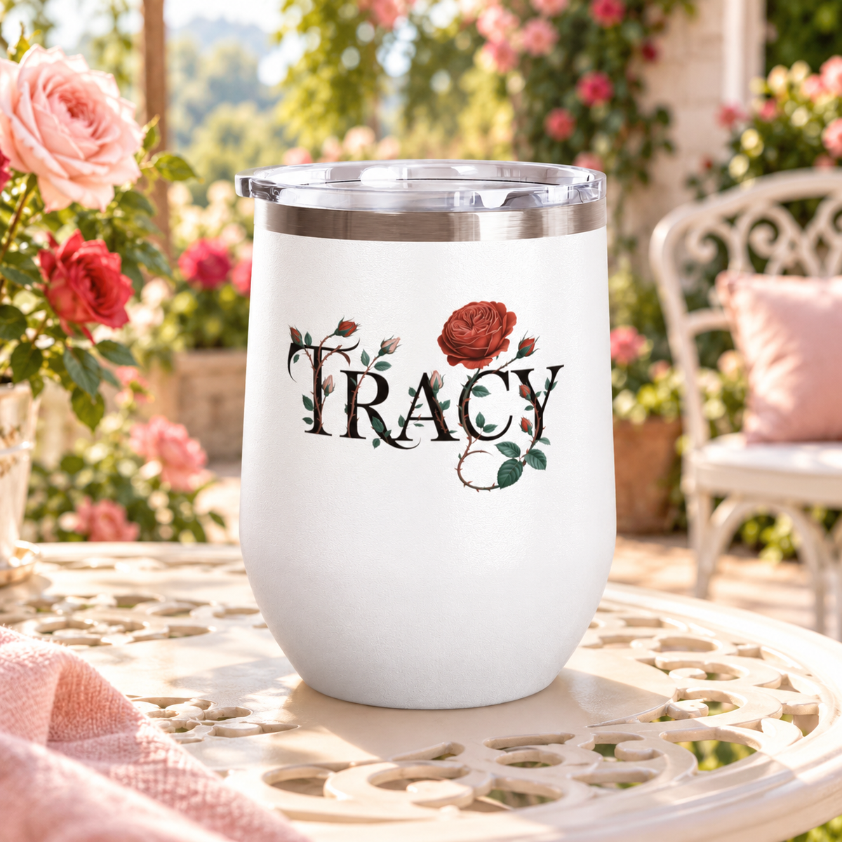 Personalized Floral Wine Tumbler, Custom Name Rose Tumbler, Botanical Drinkware for Women, Personalized Gift for Her, Garden Lover Gift