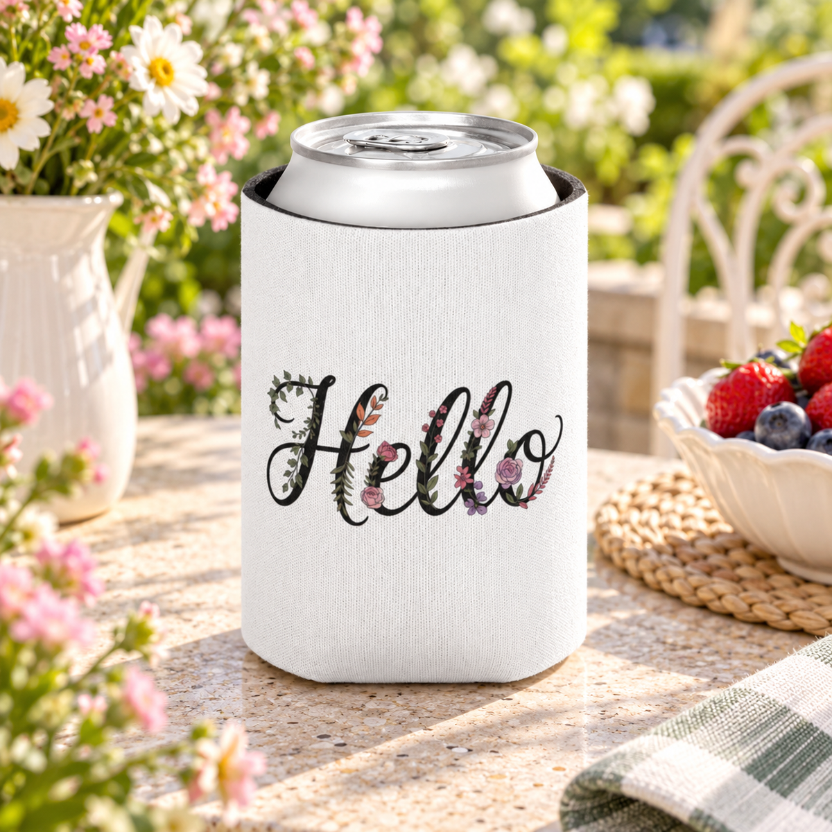 Floral Hello Can Cooler, Cute Beer Can Holder, Flower Drink Sleeve, Personalized Beverage Cozy, Summer Party Gift, Bridesmaid Gift for Her