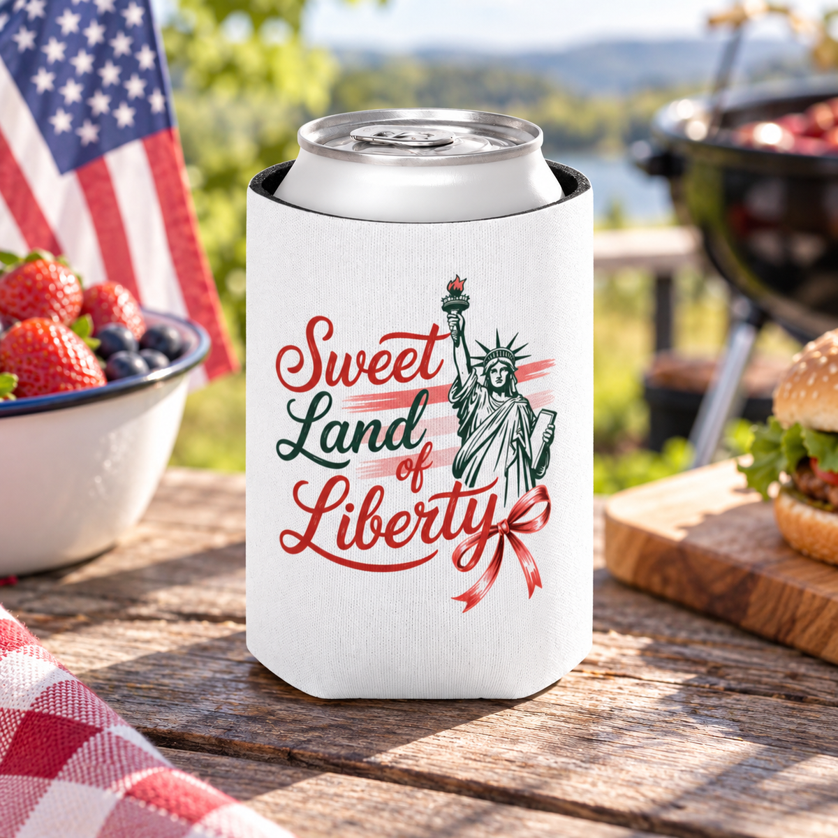 Sweet Land of Liberty Can Cooler, Patriotic Wine Can Holder, USA Drink Sleeve, 4th of July Gift, American Flag Beverage Holder