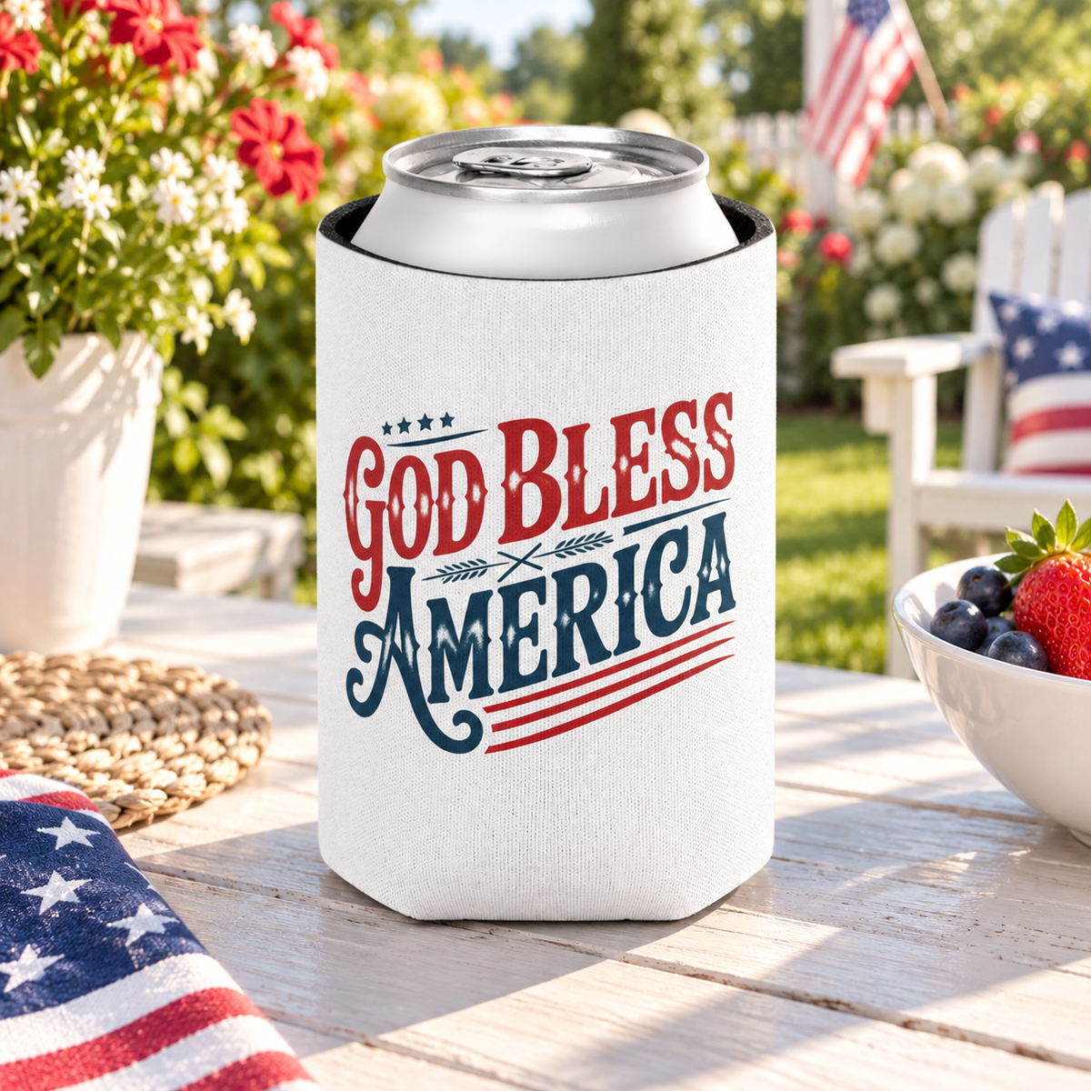 God Bless America Can Cooler, Patriotic Drink Holder, American Flag Beer Cozy, 4th of July Party Gift, USA Camping Accessory