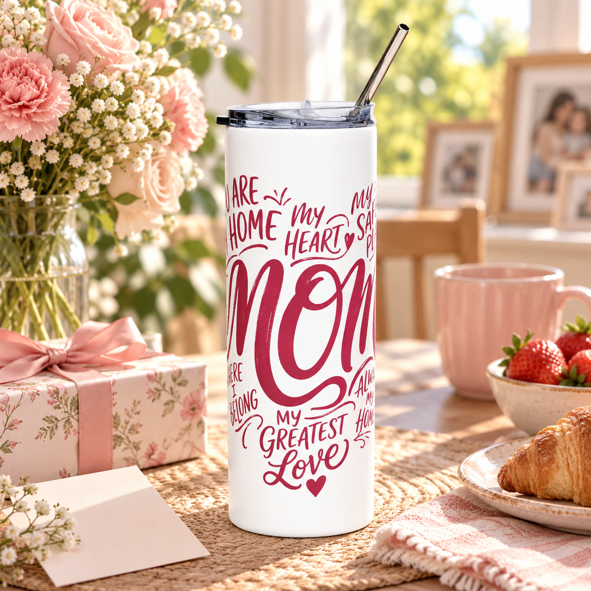 A white stainless steel skinny tumbler with a clear straw lid, printed with a pink heart-shaped word design reading "MOM" and phrases like "my greatest love", on a table.