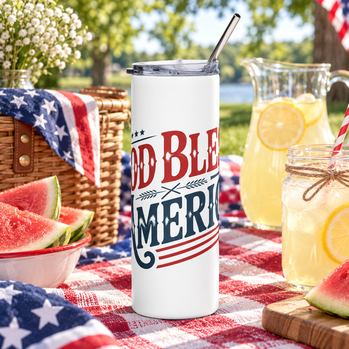 A white stainless steel skinny tumbler with a clear straw lid, printed with a red and navy "God Bless America" design with stars and stripes, at an outdoor picnic.