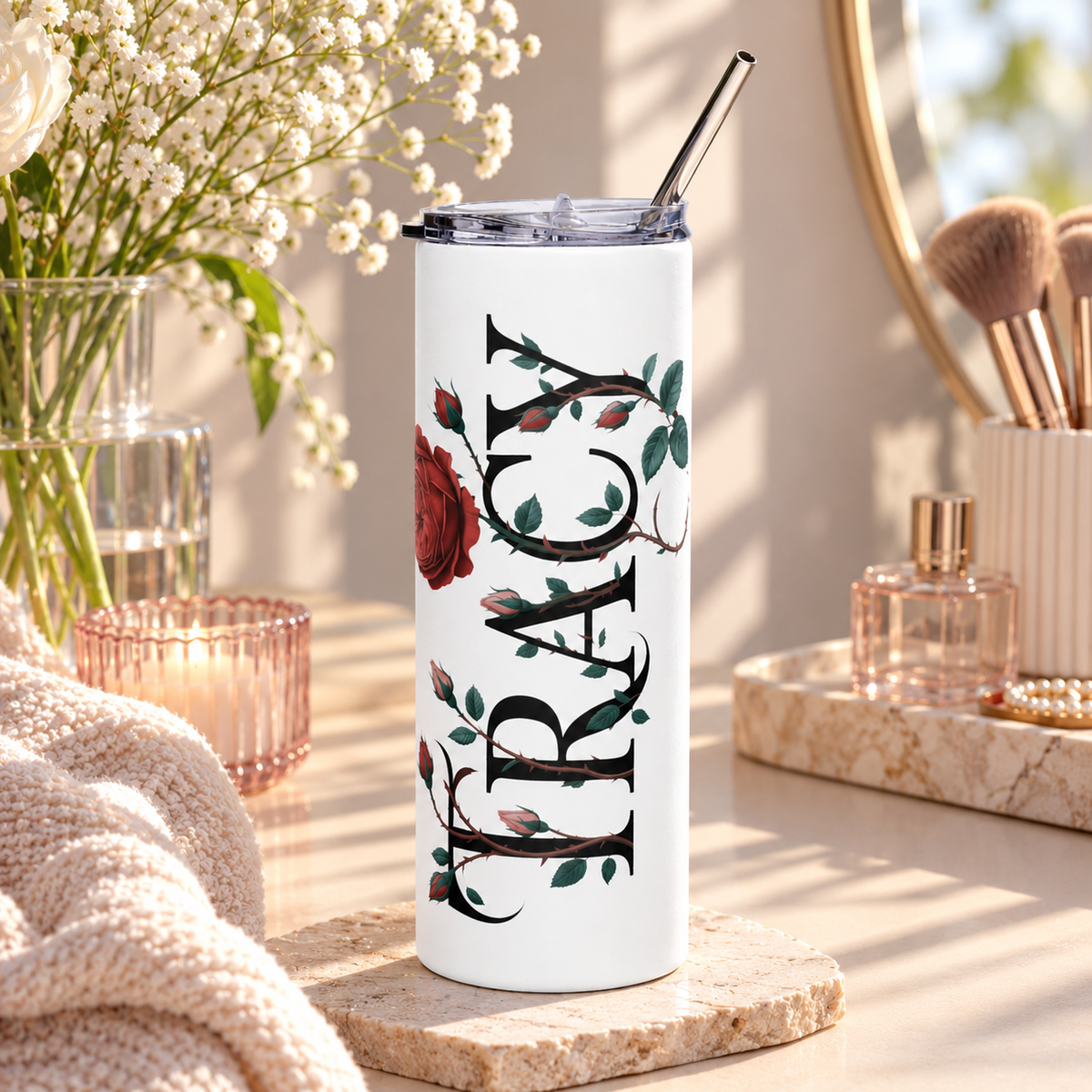 Personalized Floral Name Skinny Tumbler, Custom Rose Monogram Cup, Feminine Drinkware, Personalized Gift for Her, Birthday Gift