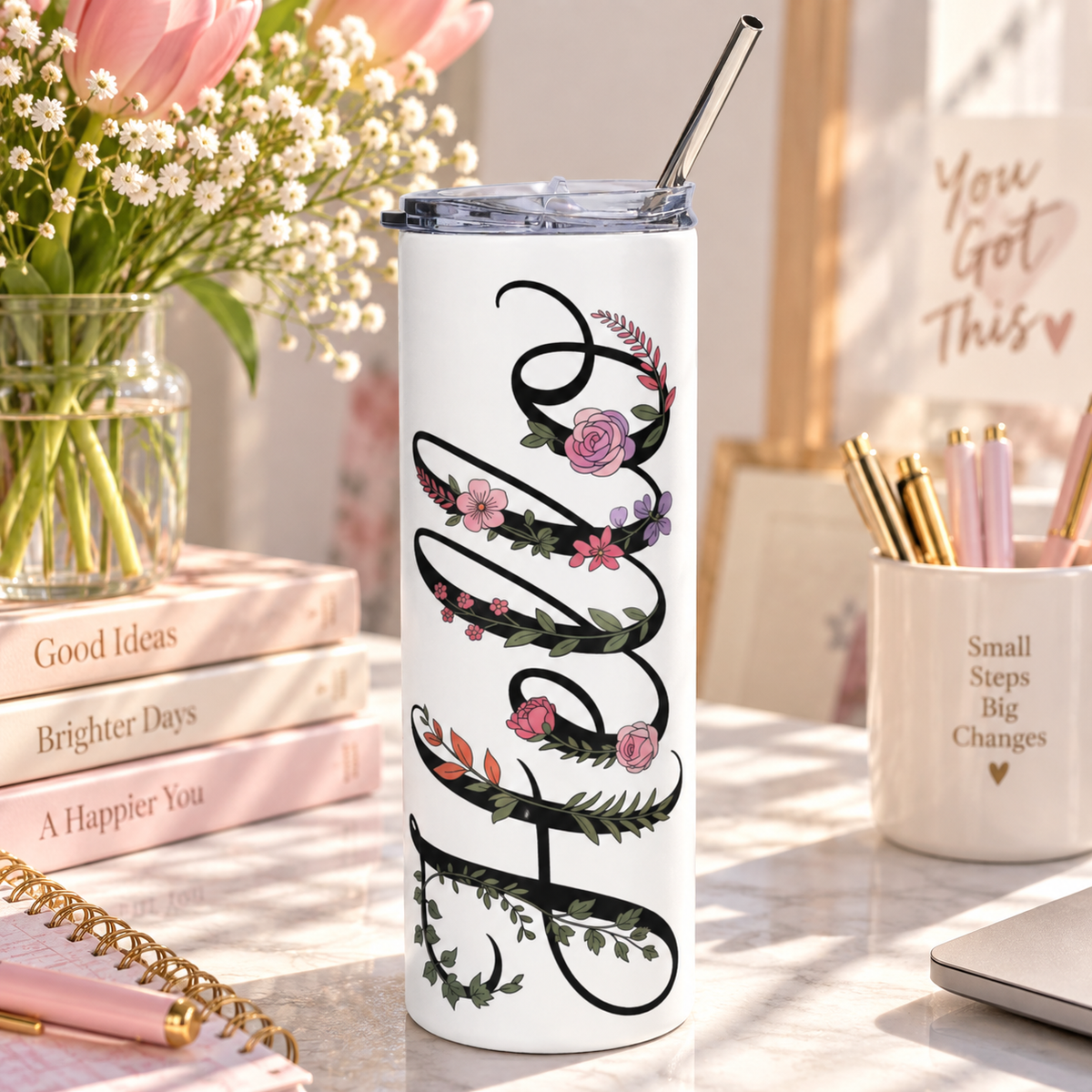 Floral Script Skinny Tumbler, Elegant Flower Drink Cup, Feminine Botanical Tumbler, Gift for Her, Birthday Gift, Teacher Gift, Coffee Cup