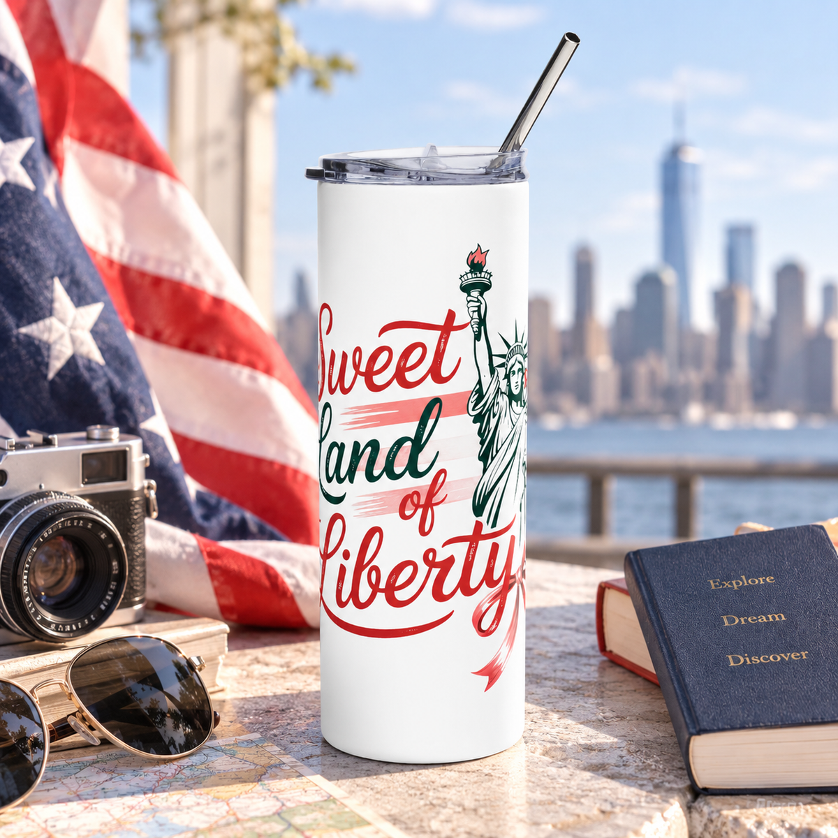 Sweet Land of Liberty Skinny Tumbler, Patriotic USA Drink Cup, 4th of July Gift, American Flag Drinkware, Independence Day Gift for Her