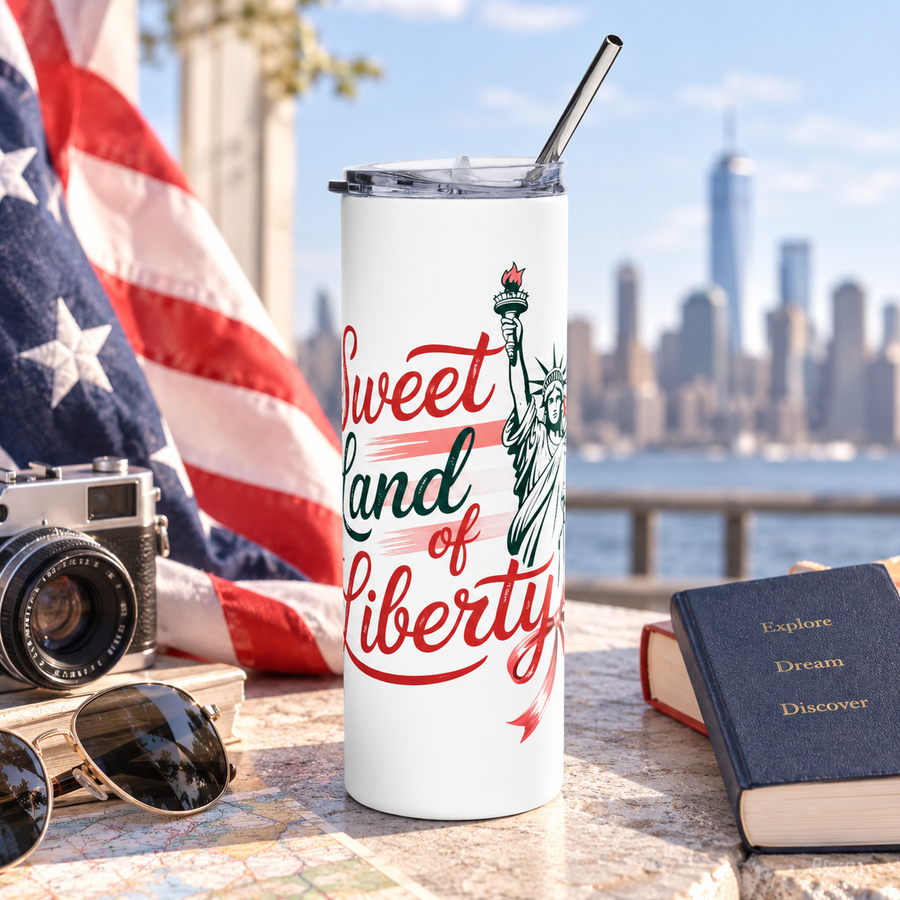 A white stainless steel skinny tumbler with a clear straw lid, printed with a red and green "Sweet Land of Liberty" design featuring the Statue of Liberty, near a city skyline.