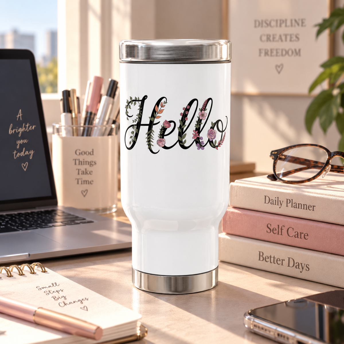 Floral Stainless Steel Travel Mug, Botanical Coffee Cup, Feminine Drink Tumbler, Pretty Gift for Her, Flower Lover Gift, Travel Cup