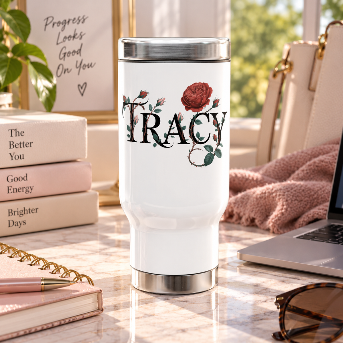 Personalized Rose Floral Stainless Steel Travel Mug, Custom Name Coffee Cup, Botanical Tumbler, Flower Lover Gift, Gift for Her