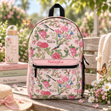 Personalized Floral Kids Backpack, Custom Name Girls School Bag, Pink Flower and Bird Backpack, Back to School Book Bag, Girls Gift