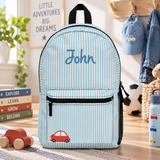 Personalized Boys Backpack, Custom Name Blue Striped School Bag, Car Kids Backpack, Back to School Book Bag, Preschool Gift