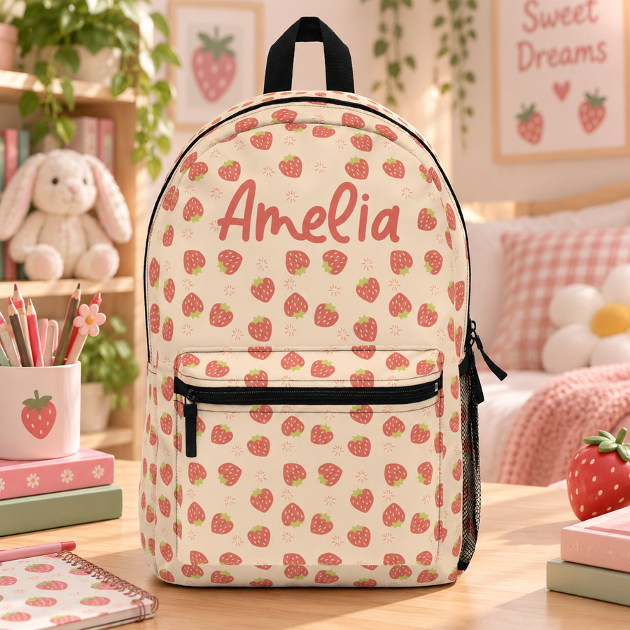 A cream backpack covered in an all-over red strawberry print, black straps and zippers, and the sample name "Amelia" printed in coral script on the front, resting on a wooden desk.