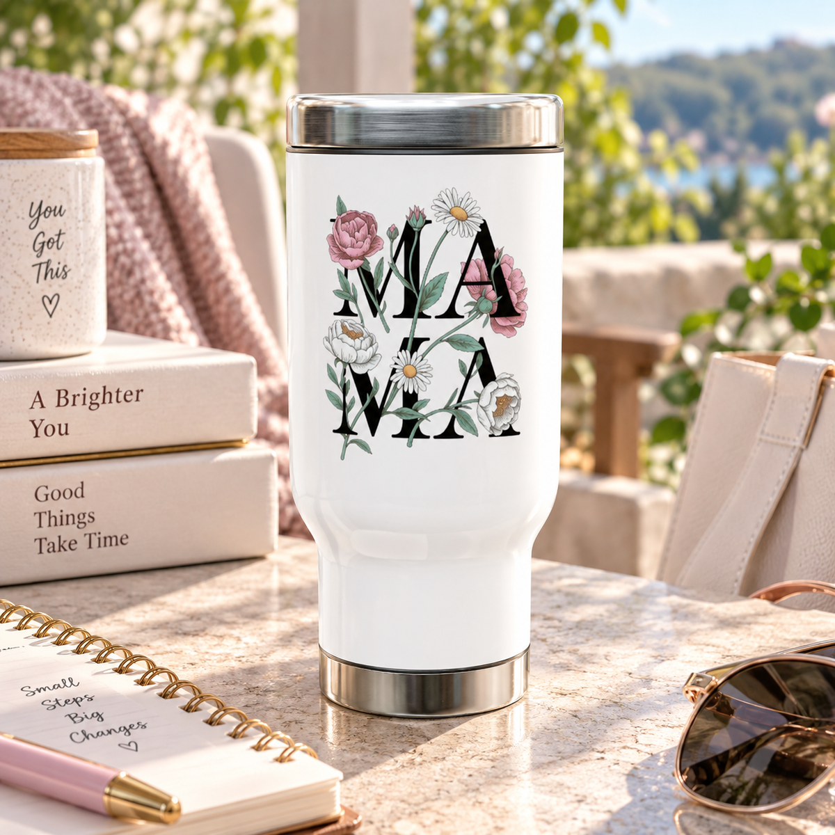 Personalized Mama Stainless Steel Travel Mug, Floral Custom Name Coffee Cup, Botanical Drink Tumbler, Mothers Day Gift for Mom