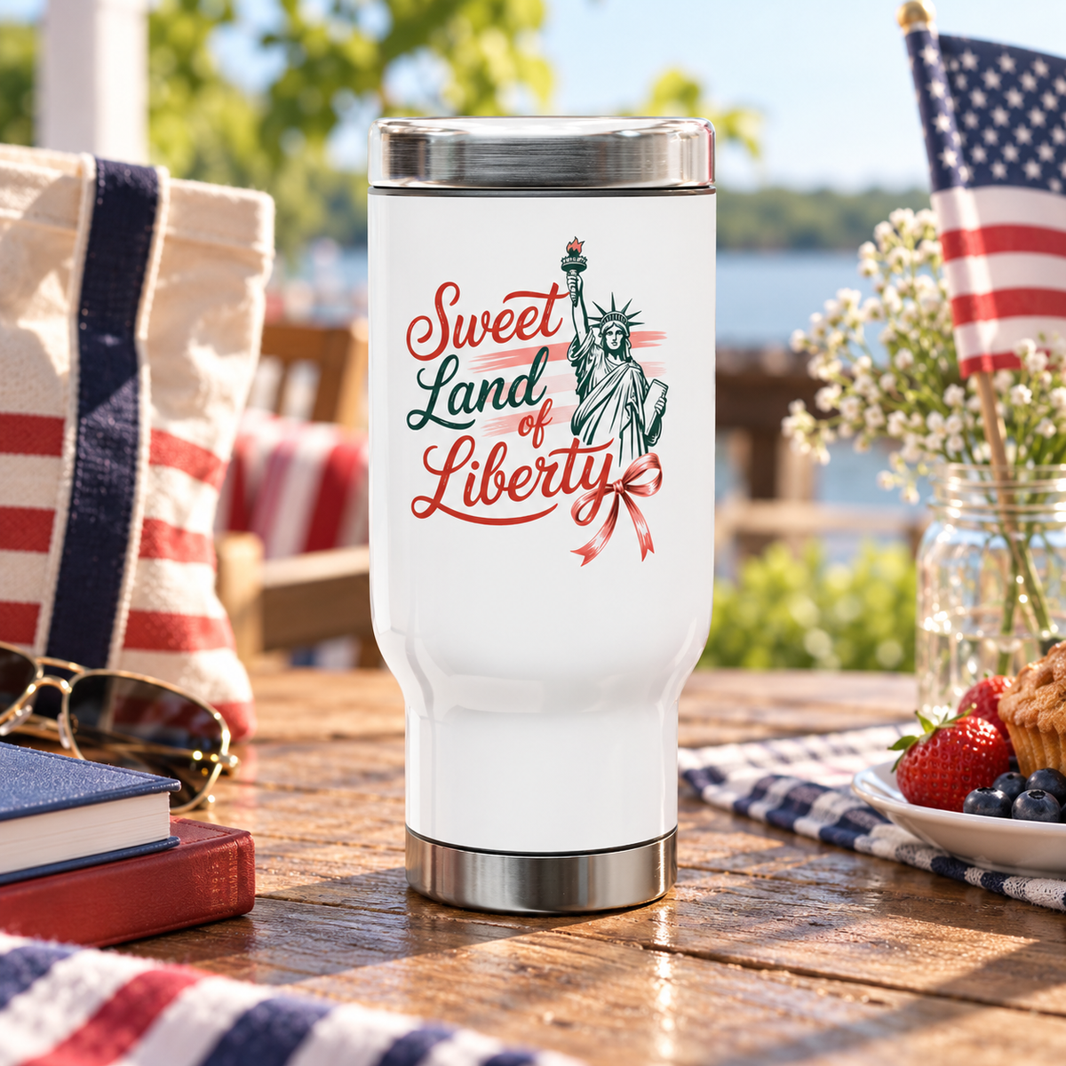 Sweet Land of Liberty Stainless Steel Travel Mug, Patriotic Coffee Cup, American Gift for Her, USA Drinkware, 4th of July Travel Mu