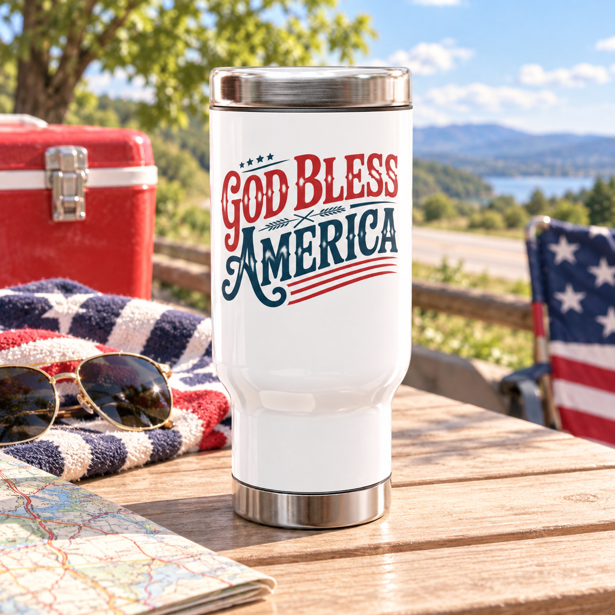 God Bless America Travel Mug, Patriotic Stainless Steel Coffee Cup, Vintage USA Drinkware, American Pride Gift, 4th of July