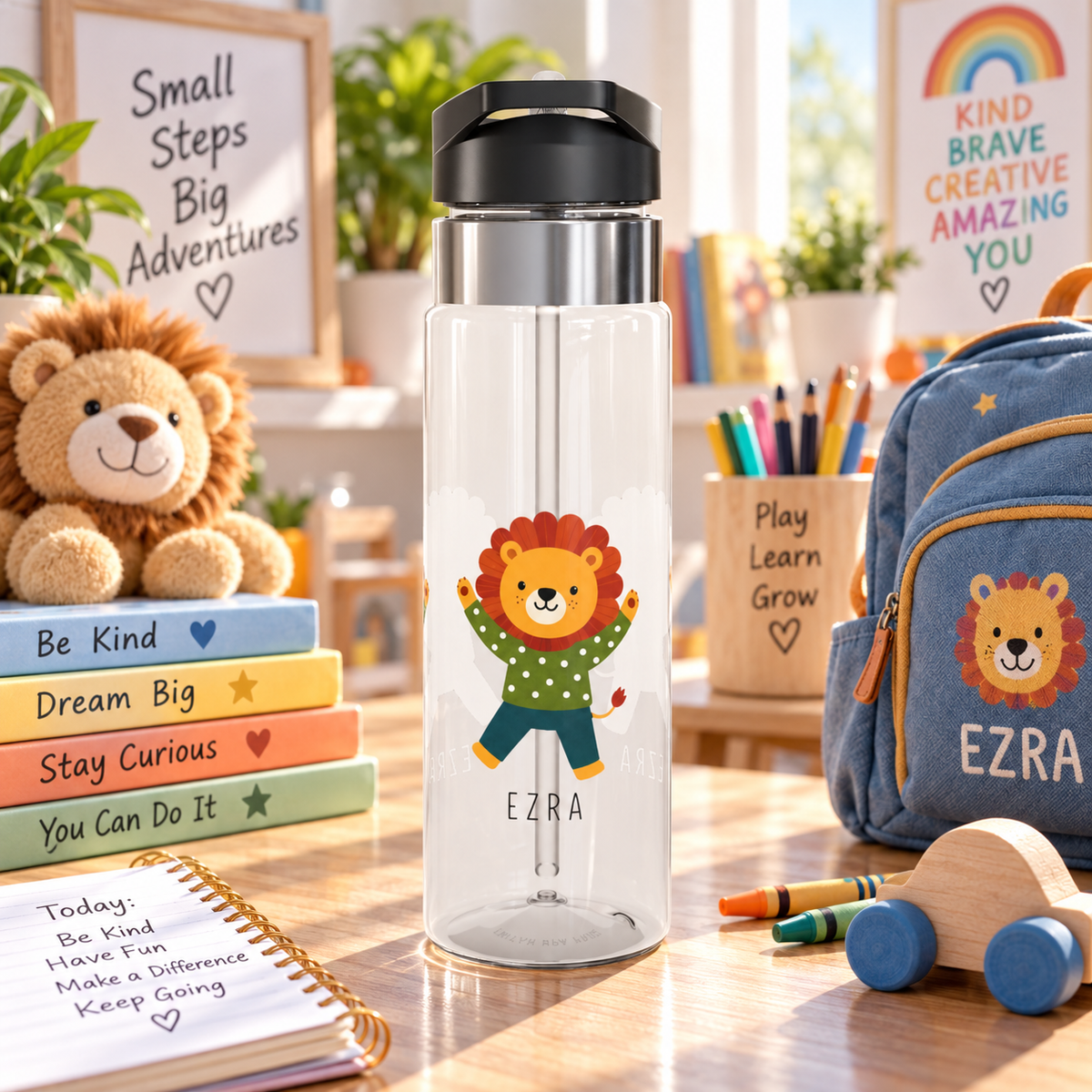 Personalized Lion Kids Water Bottle, Cute Safari Animal Gift, Boy Birthday Bottle, Jungle Theme School Bottle, Toddler Hydration Gift