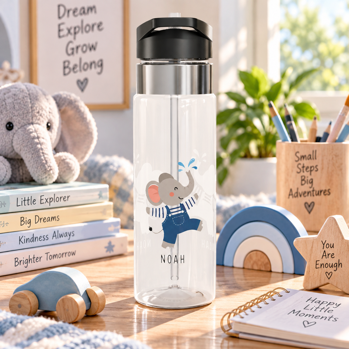 Personalized Elephant Kids Water Bottle, Cute Animal Bottle for Boys, Safari Birthday Gift, Toddler School Bottle, Baby Gift Idea