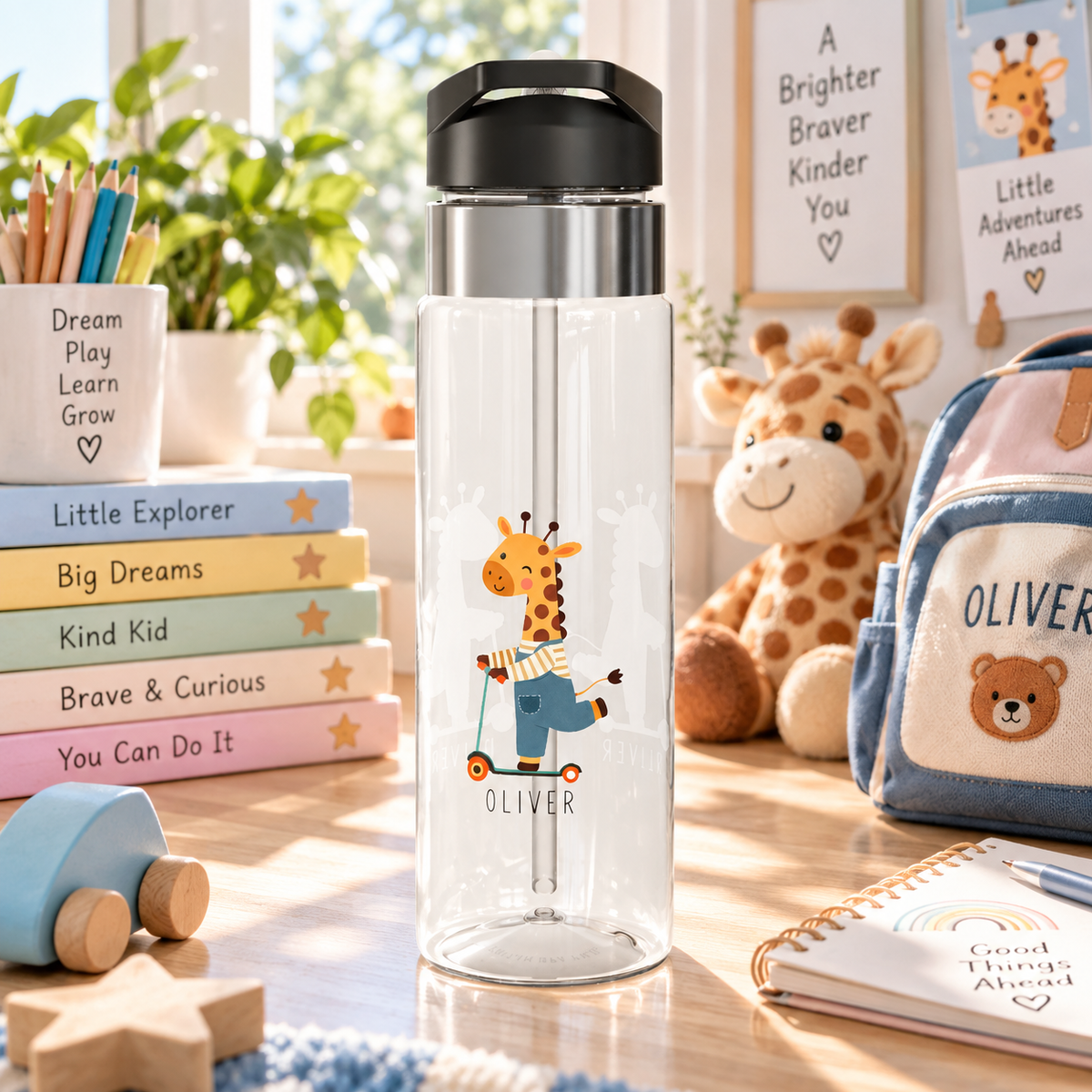 Personalized Giraffe Kids Water Bottle, Cute Safari Animal Gift, Toddler Birthday Bottle, Baby Shower Gift, Preschool School Bottle