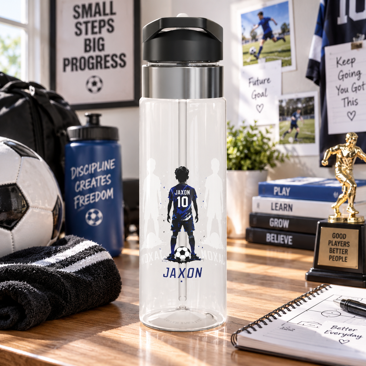 Personalized Soccer Player Water Bottle, Football Boy Gift, Sports Birthday Bottle, Custom Youth Athlete Bottle, Soccer Team Gift