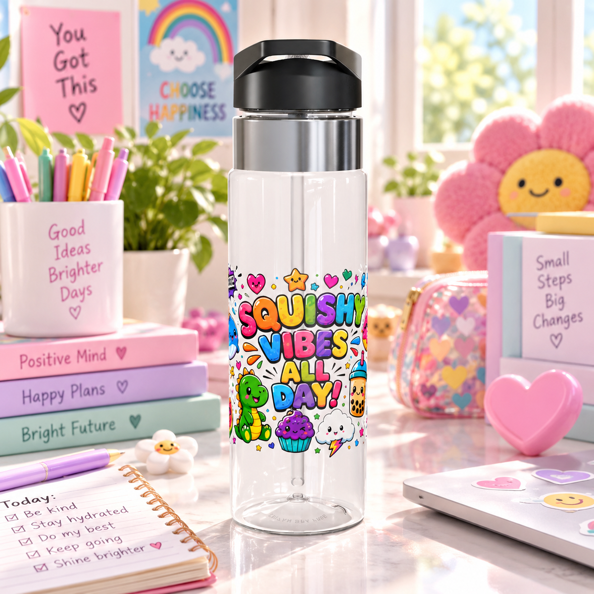 Kids Water Bottle, Colorful Squishy Vibes Drink Bottle, Cute School Water Bottle, Kawaii Gift for Kids, Back to School Gift