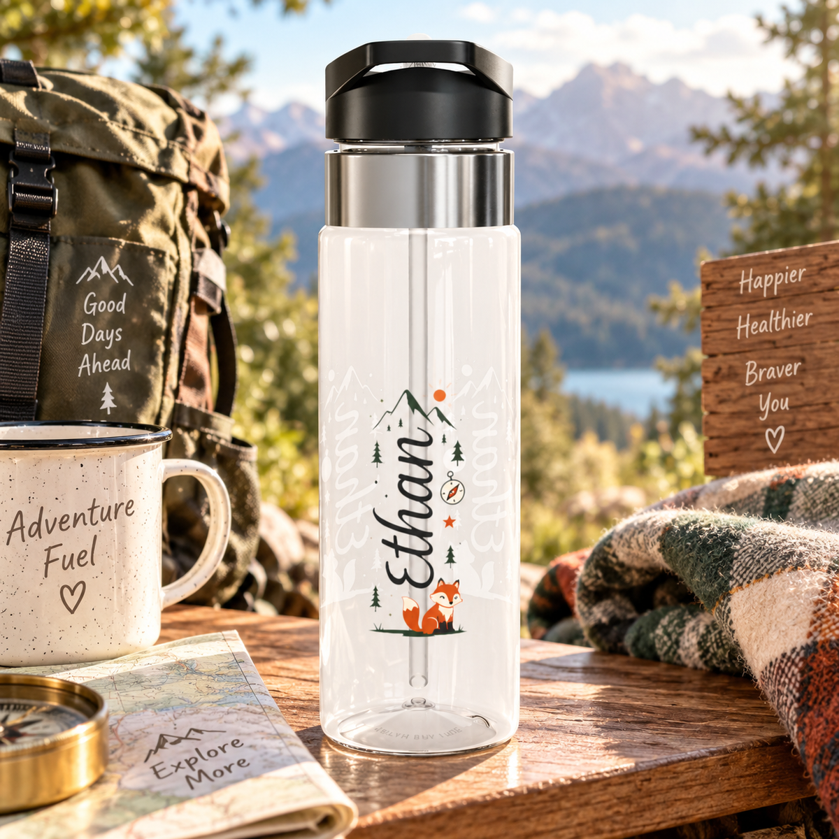 Personalized Adventure Water Bottle for Boys, Ethan Name Bottle, Hiking Gift for Kids, Camping Water Bottle, Fox Mountain Sports Gift
