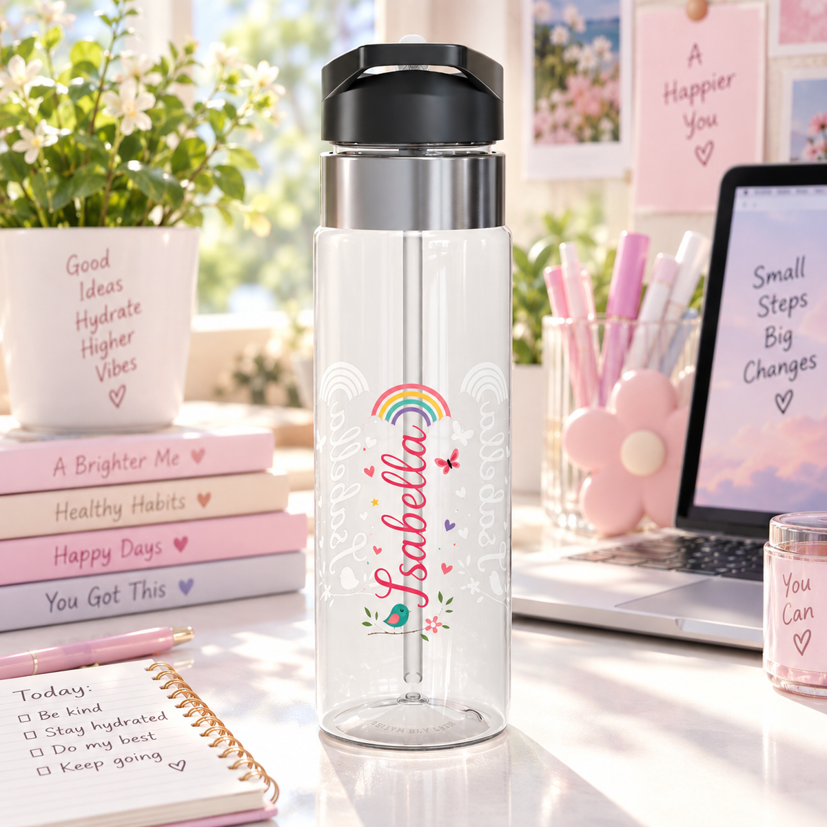 Personalized Butterfly Kids Water Bottle, Cute Girl Birthday Gift, Floral Rainbow Bottle, Nature Theme School Bottle, Girls Hydration Gift