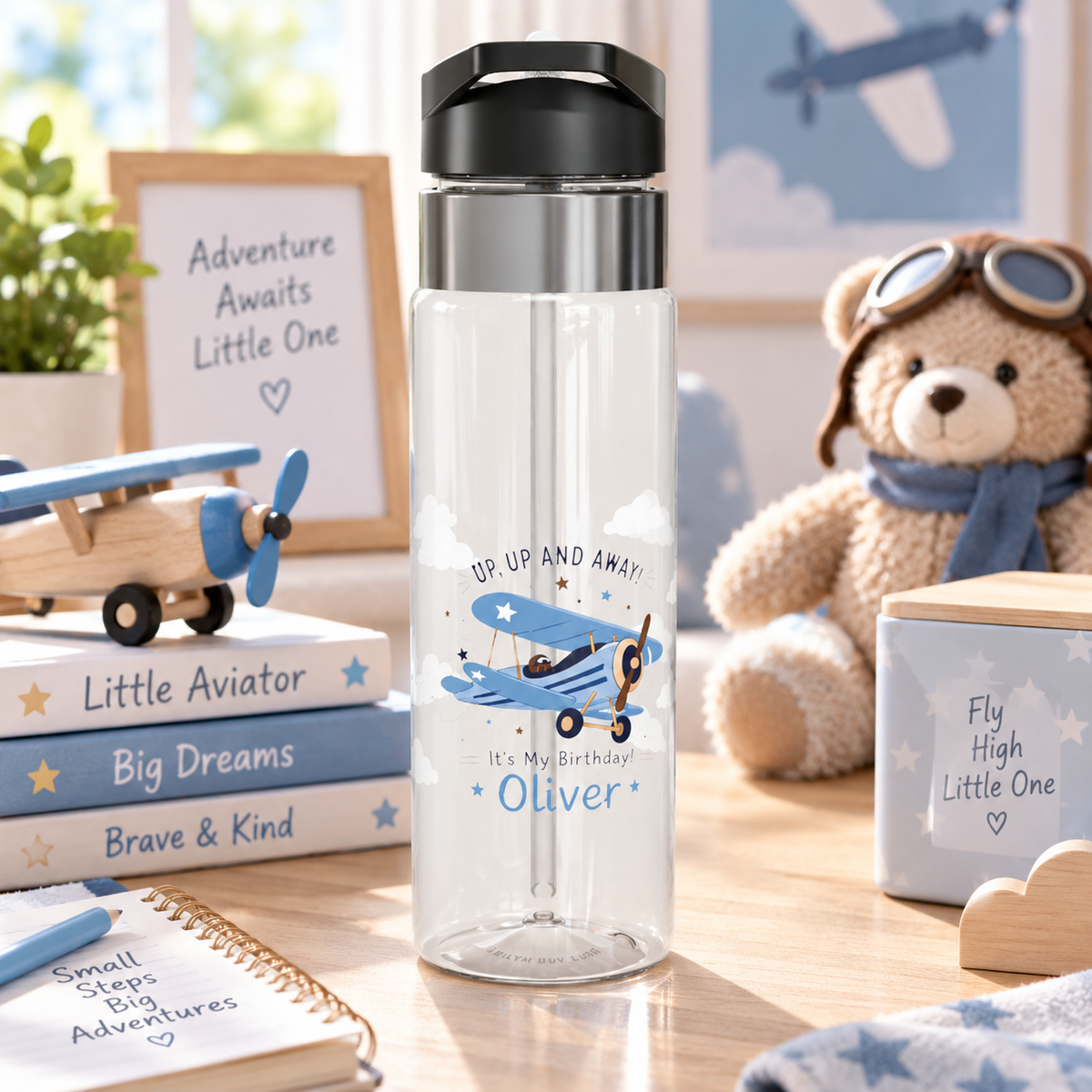 Personalized Airplane Kids Water Bottle, Pilot Birthday Gift for Boys, Aviation Theme Bottle, Travel Party Favor, School Hydration Gift