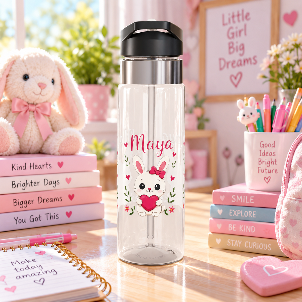 Personalized Bunny Kids Water Bottle, Cute Rabbit Girl Gift, Valentine Animal Bottle, Baby Birthday Gift, Pink School Bottle for Girls