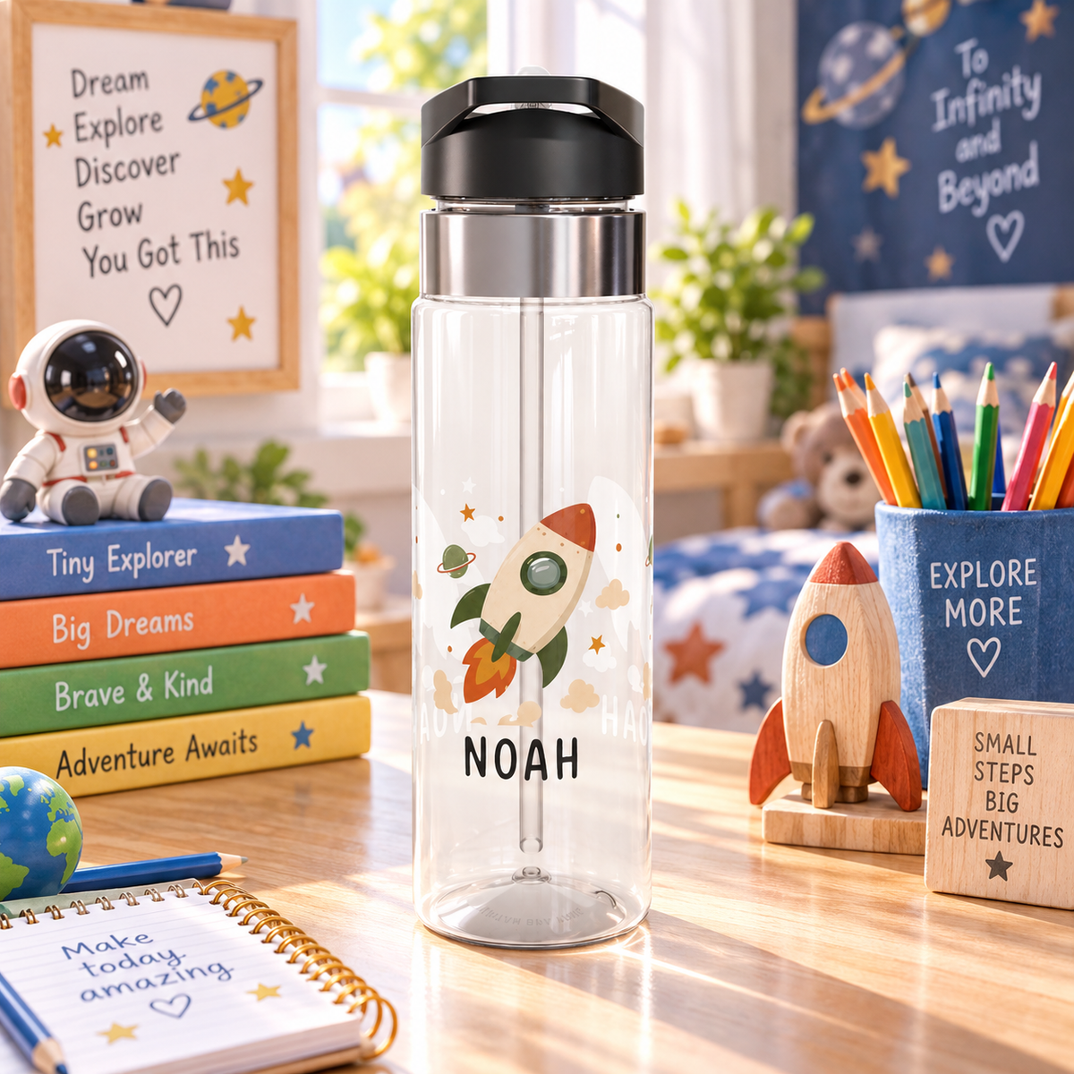 Personalized Space Rocket Kids Water Bottle, Astronaut Gift for Boys, Galaxy Theme Bottle, Space Birthday Gift, School Hydration Bottle