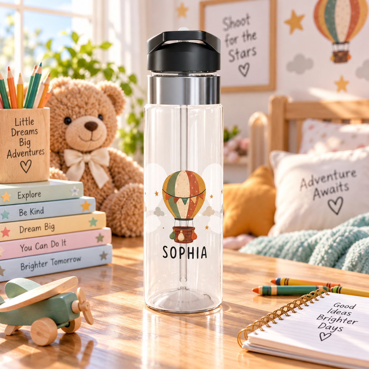 Personalized Hot Air Balloon Kids Water Bottle, Adventure Gift for Girls, Travel Theme Bottle, Birthday Gift, School Hydration Bottle