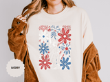 Patriotic Fireworks Shirt, Red White Blue Flower Graphic Tee, Americana T Shirt, Fourth of July Outfit, Vintage USA Gift for Women