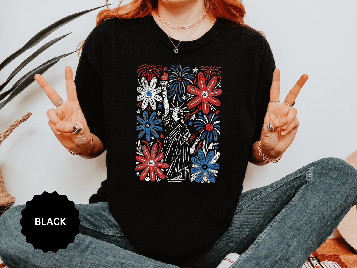 Patriotic Fireworks Shirt, Red White Blue Flower Graphic Tee, Americana T Shirt, Fourth of July Outfit, Vintage USA Gift for Women