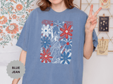 Patriotic Fireworks Shirt, Red White Blue Flower Graphic Tee, Americana T Shirt, Fourth of July Outfit, Vintage USA Gift for Women