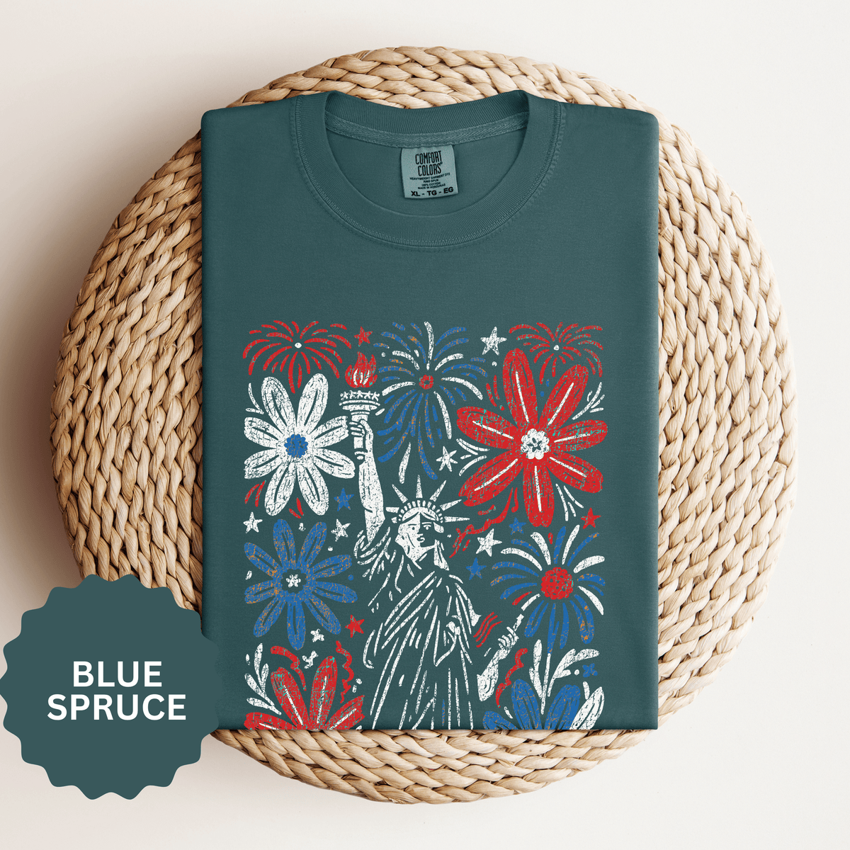 Patriotic Fireworks Shirt, Red White Blue Flower Graphic Tee, Americana T Shirt, Fourth of July Outfit, Vintage USA Gift for Women