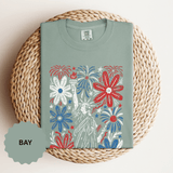 Patriotic Fireworks Shirt, Red White Blue Flower Graphic Tee, Americana T Shirt, Fourth of July Outfit, Vintage USA Gift for Women
