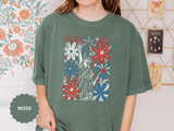 Patriotic Fireworks Shirt, Red White Blue Flower Graphic Tee, Americana T Shirt, Fourth of July Outfit, Vintage USA Gift for Women