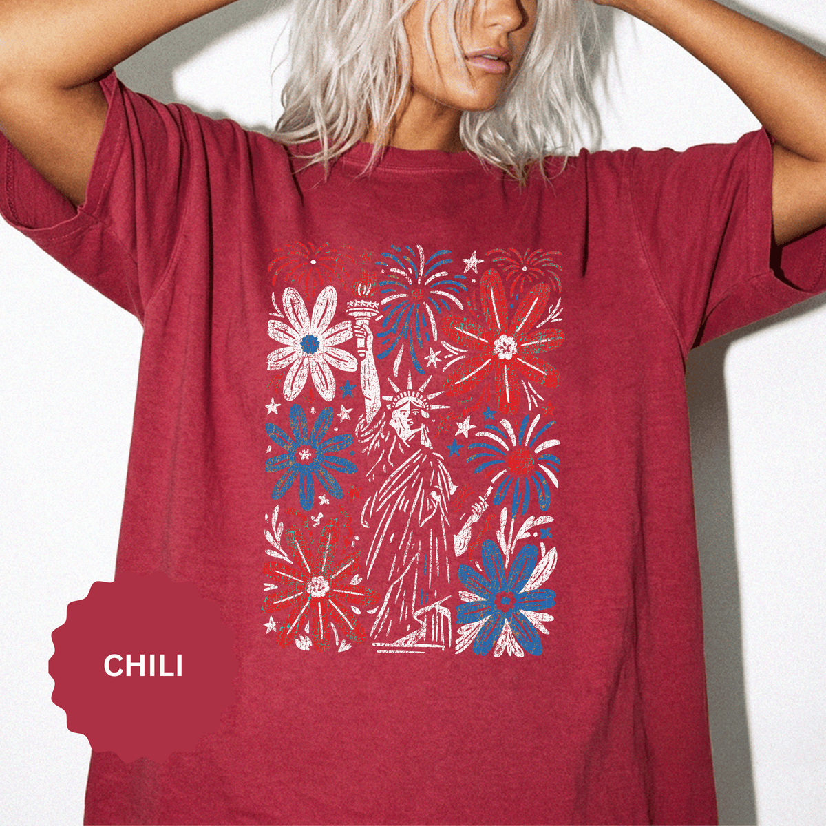 Patriotic Fireworks Shirt, Red White Blue Flower Graphic Tee, Americana T Shirt, Fourth of July Outfit, Vintage USA Gift for Women
